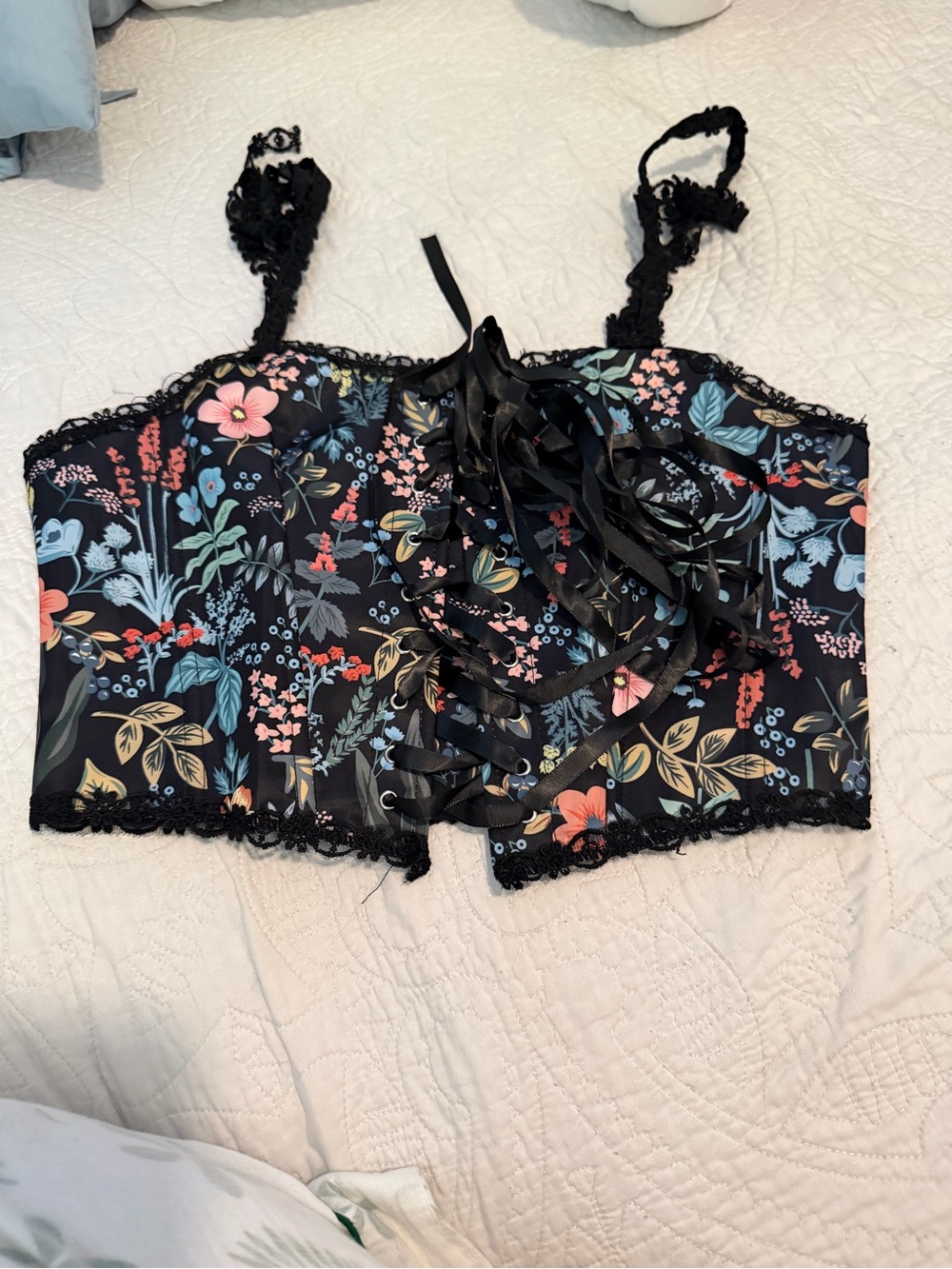 Black Floral Lace-Up Bustier Crop Top
